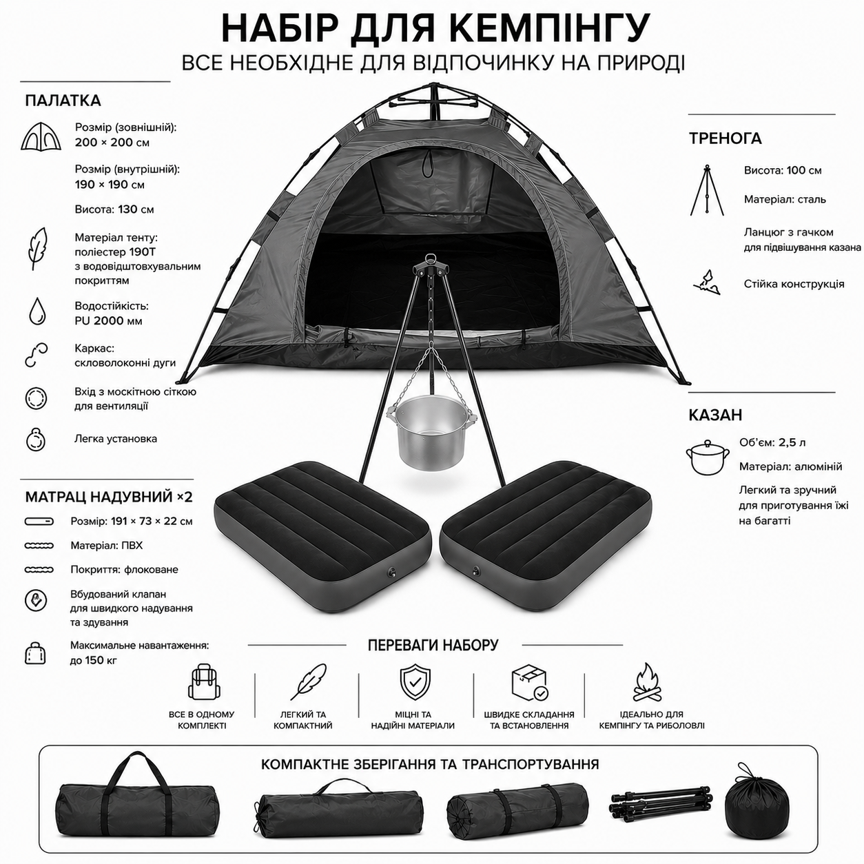 Кемпинговый туристический набор 4в1: палатка 210×200 см, матрас , тренога и котел 2,5л.
