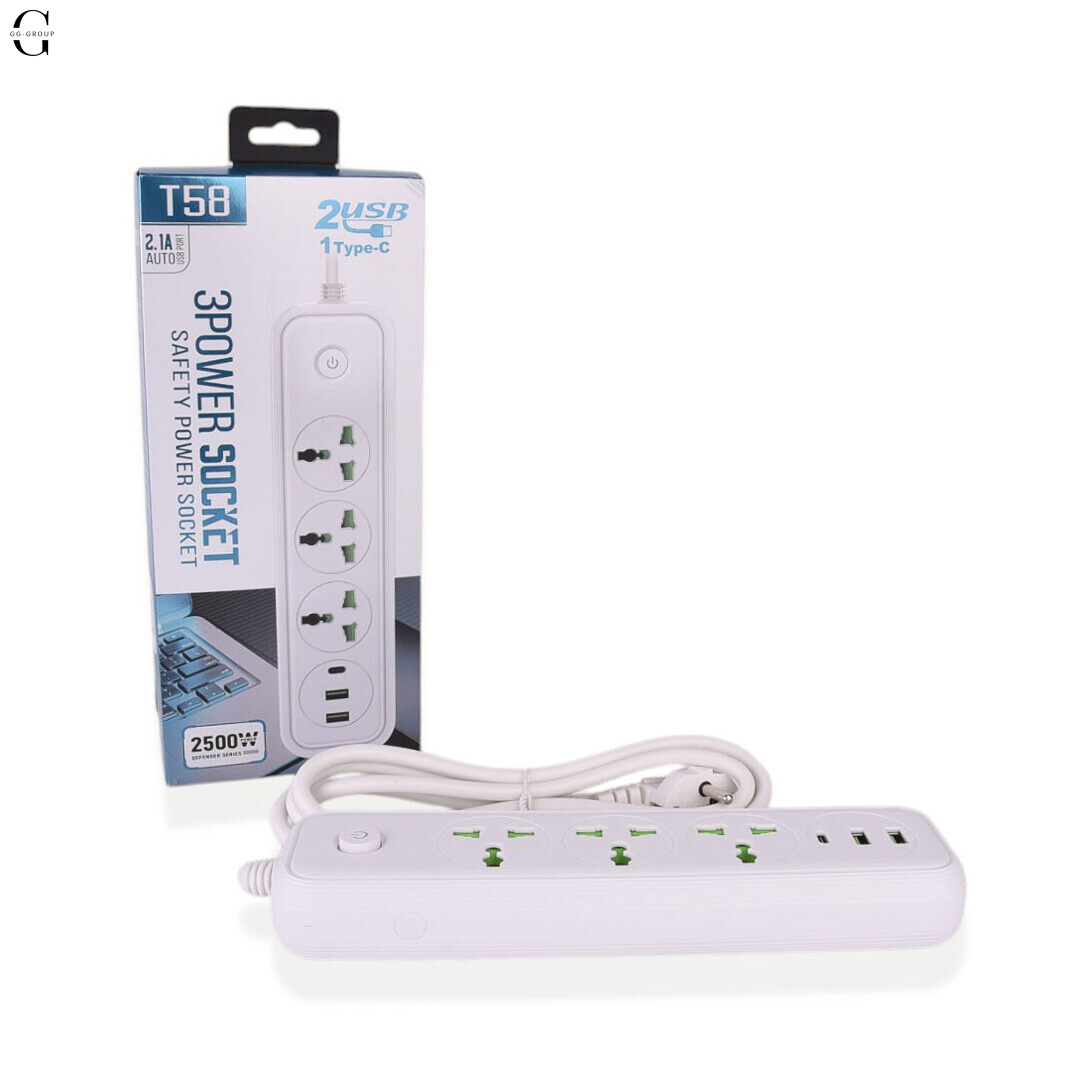 Сетевой фильтр Удлинитель USB Т-58 (3×220В+2×USB+1×Type-C),2m