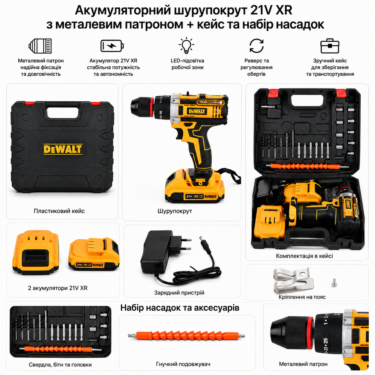 Шуруповерт DeWALT 21V Безщітковий + 2 АКБ 20Ah + Металевий патрон + Набір інструментів 