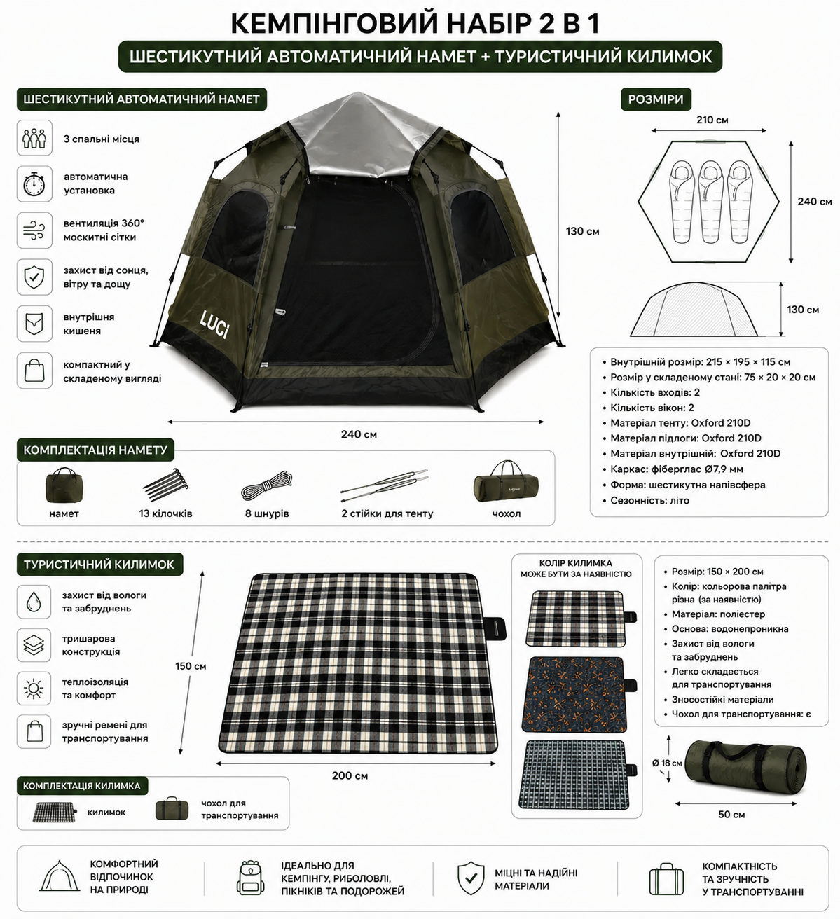 Палатка автоматична тримісна 240×210×130 (см) +карімат підстилка 