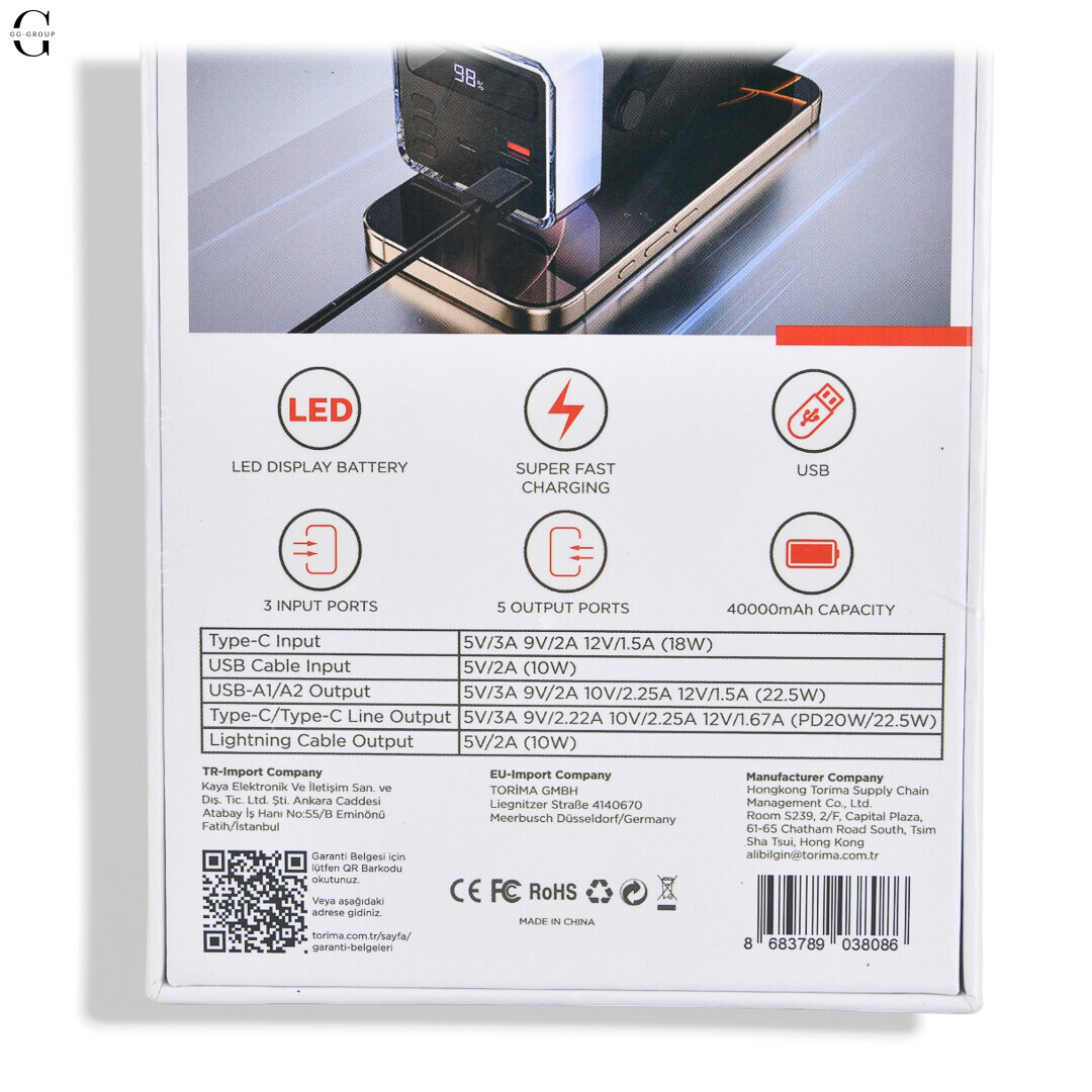 Power Bank Torima TRM-1041 40000mAh 22.5W Fast Charge з LED-дисплеєм та 5 виходами Чорний