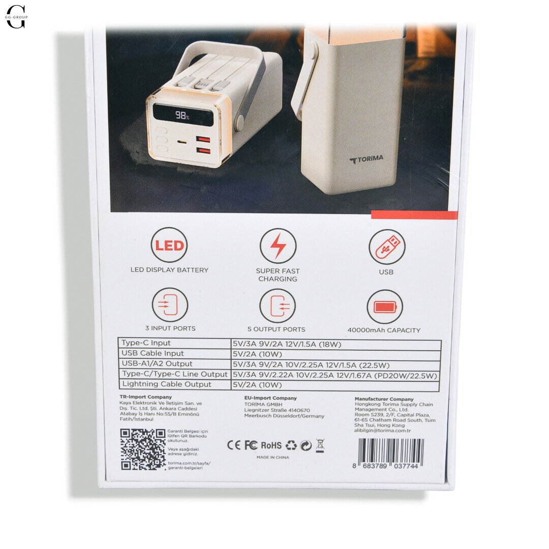 Power Bank Torima TRM-1041 40000mAh 22.5W Fast Charge с LED-дисплеем и 5 выходами Белый