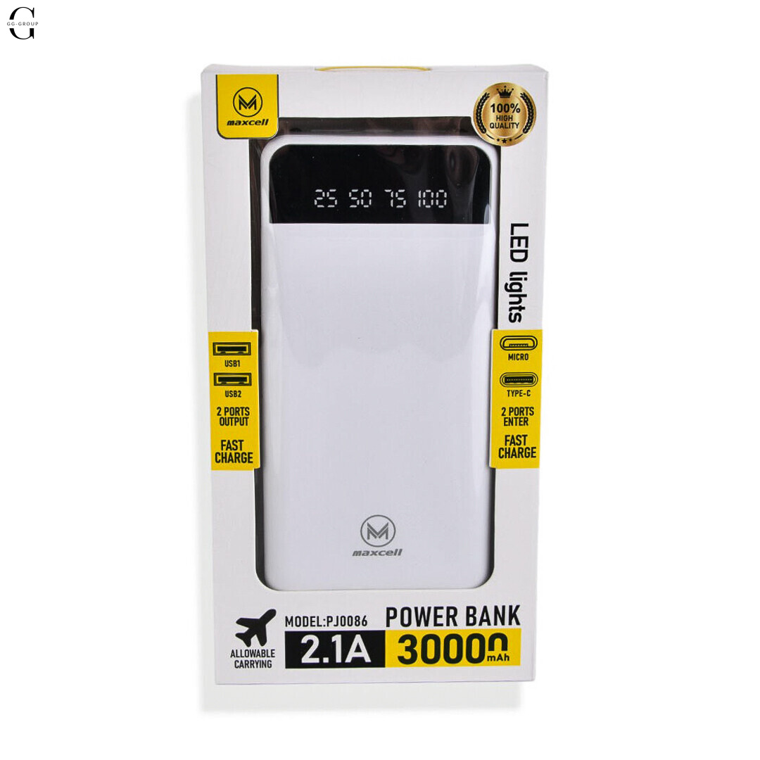 Power Bank MAXCELL 30000mAh PJ0086B J91B, зовнішній аккумулятор 2.1A з LED-індикатором