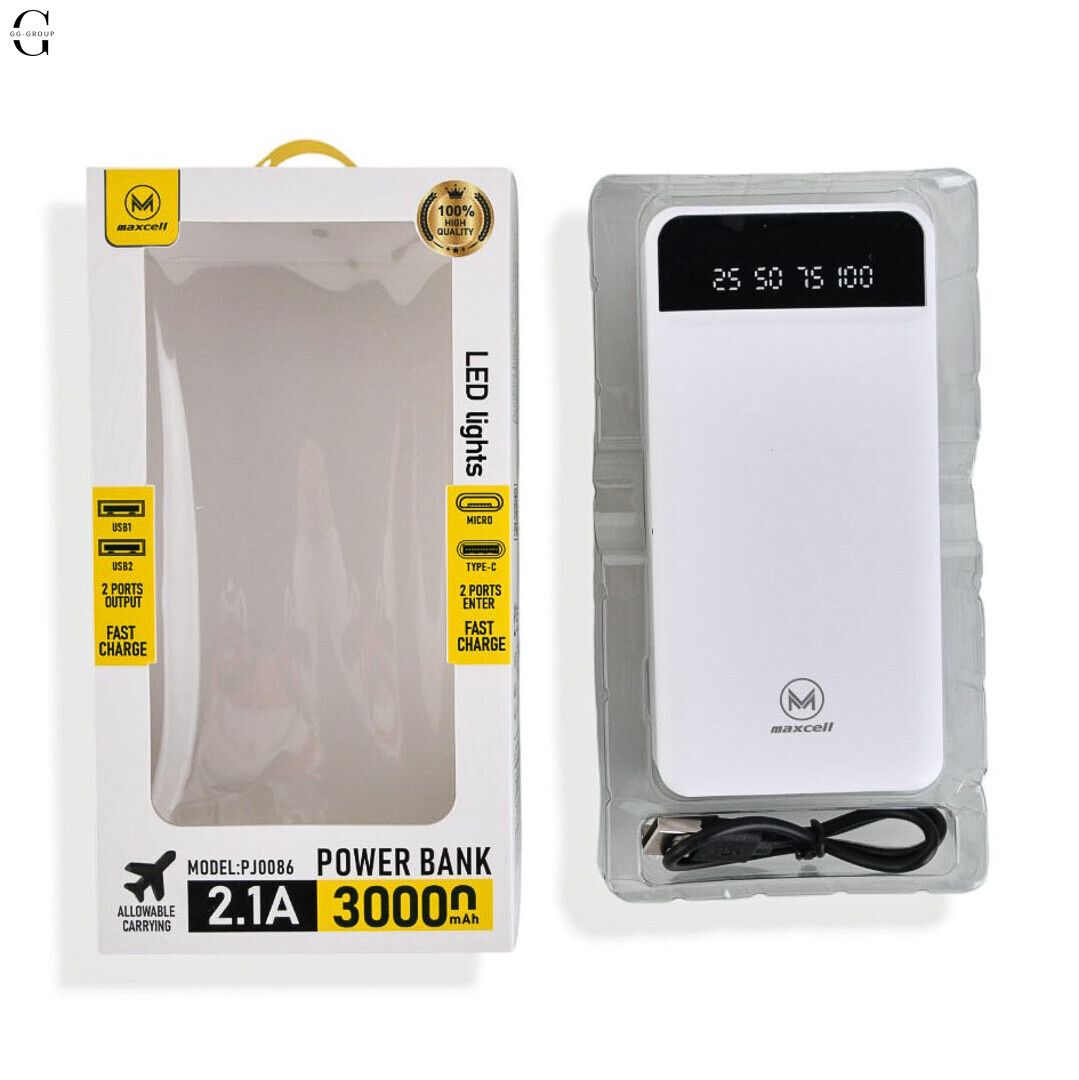Power Bank MAXCELL 30000mAh PJ0086B J91B, зовнішній аккумулятор 2.1A з LED-індикатором