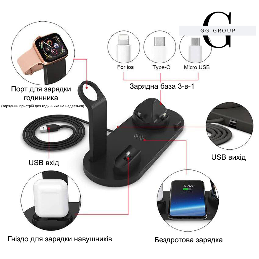 Беспроводное зарядное устройство 5 в 1 подставка для iPhone 15, 14, 13, 12, 11 X, Apple Watch Airpods