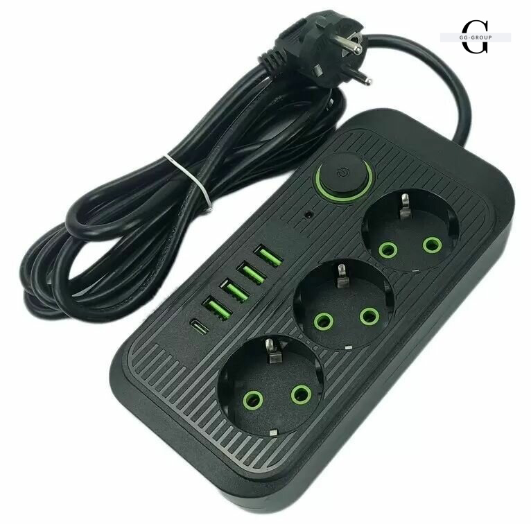 Сетевой фильтр Удлинитель с USB (3×220В+4×USB+1×Type-C), QL-1074U, Черный 3m