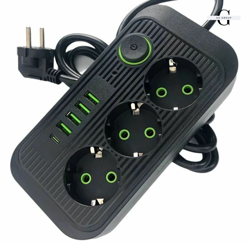 Сетевой фильтр Удлинитель с USB (3×220В+4×USB+1×Type-C), QL-1074U, Черный 3m