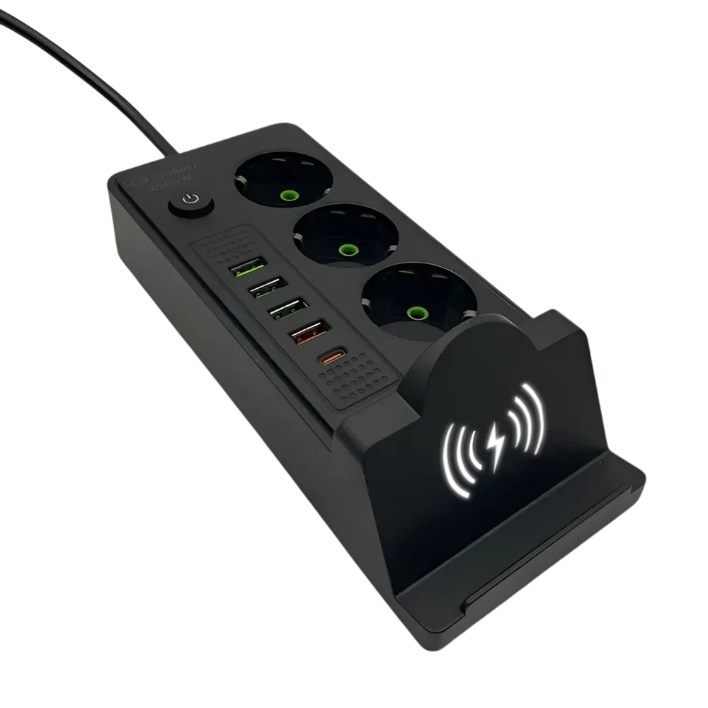 Сітковий фільтр Подовжувач USB з бездротовою зарядкою Тк-18 (3×220В+4×USB+1×Type-C), Чорний, 3 м