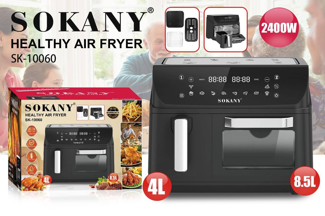 Двухкамерная аэрофритюрница Sokany SK-10060, 2400 Вт, 4+8,5 л, сенсорное управление