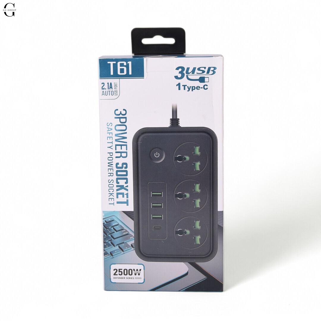 Сетевой фильтр Удлинитель с USB Т-61 (3×220В+3×USB+1×Type-C), , Черный 2m