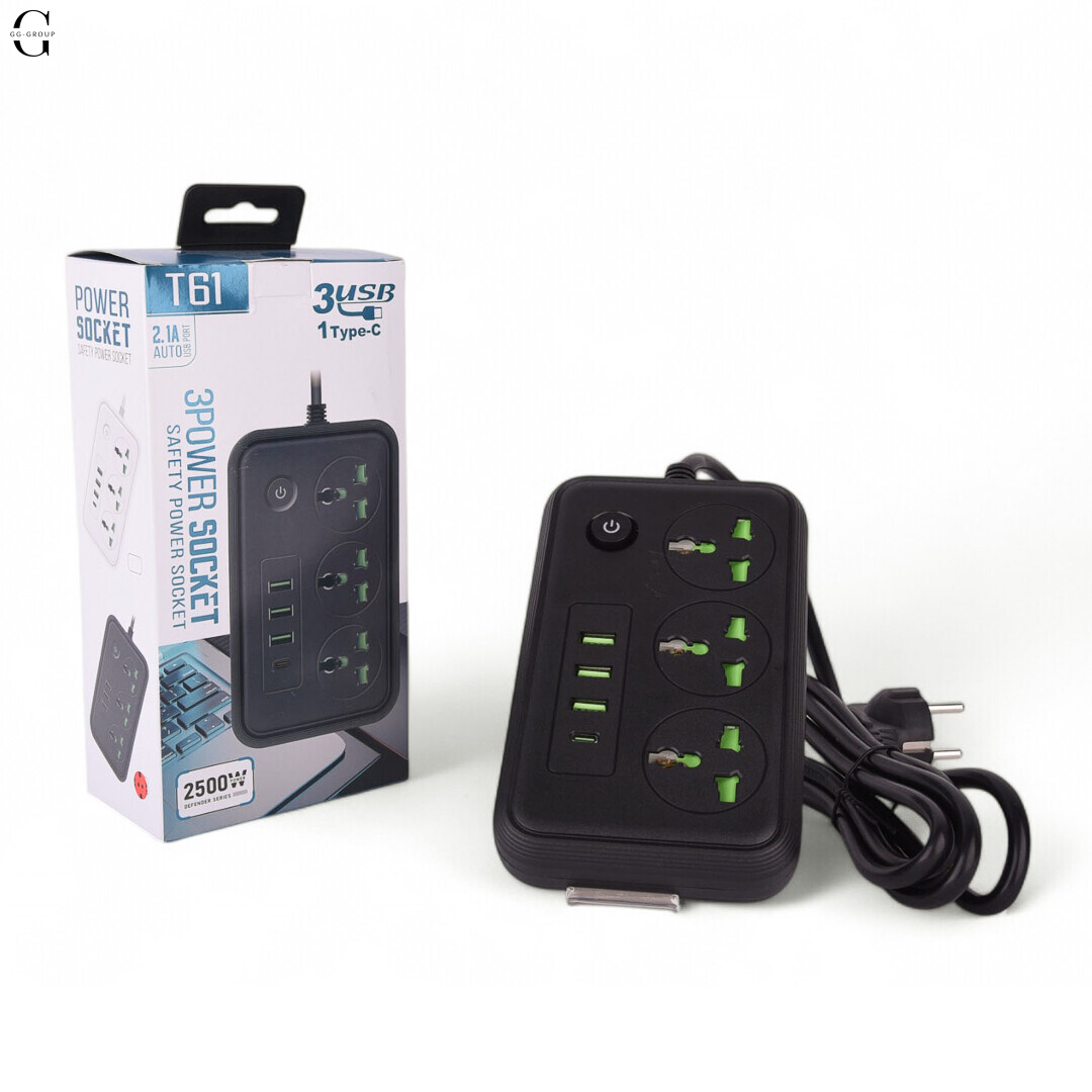 Сетевой фильтр Удлинитель с USB Т-61 (3×220В+3×USB+1×Type-C), , Черный 2m