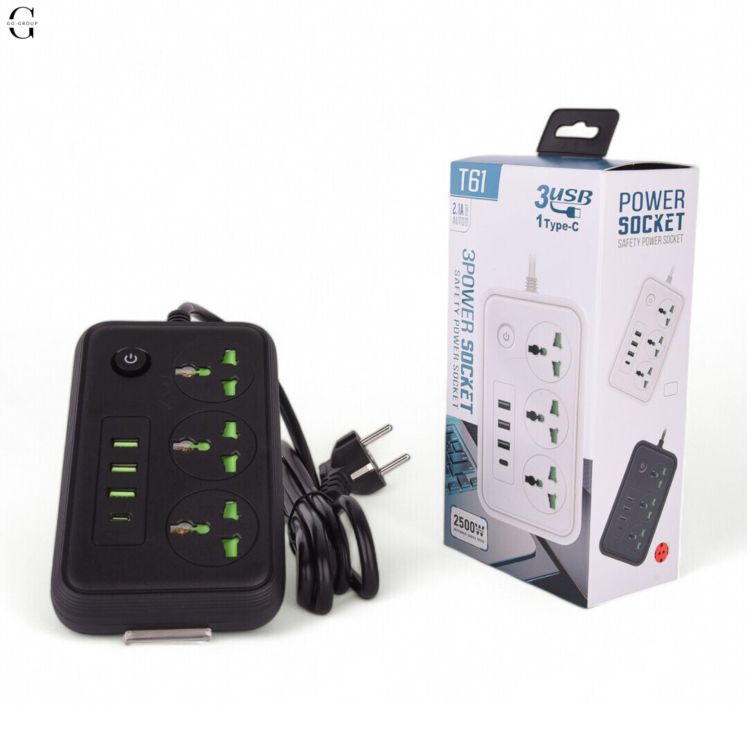 Сетевой фильтр Удлинитель с USB Т-61 (3×220В+3×USB+1×Type-C), , Черный 2m