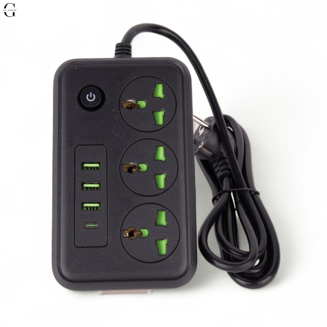 Сетевой фильтр Удлинитель с USB Т-61 (3×220В+3×USB+1×Type-C), , Черный 2m