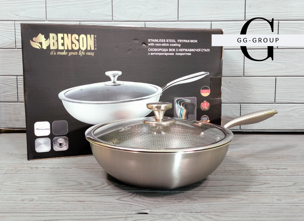 Глибока сковорода WOK Benson BN-589 з кришкою, нержавіюча сталь, антипригарне покриття, Ø26 см