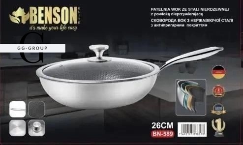Глибока сковорода WOK Benson BN-589 з кришкою, нержавіюча сталь, антипригарне покриття, Ø26 см