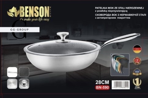 Глибока сковорода WOK Benson BN-590 Ø28 см з нержавіючої сталі, антипригарне покриття, кришка