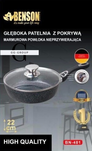 Глибока сковорода Benson BN-481 22 см зі скляною кришкою та мармуровим антипригарним покриттям