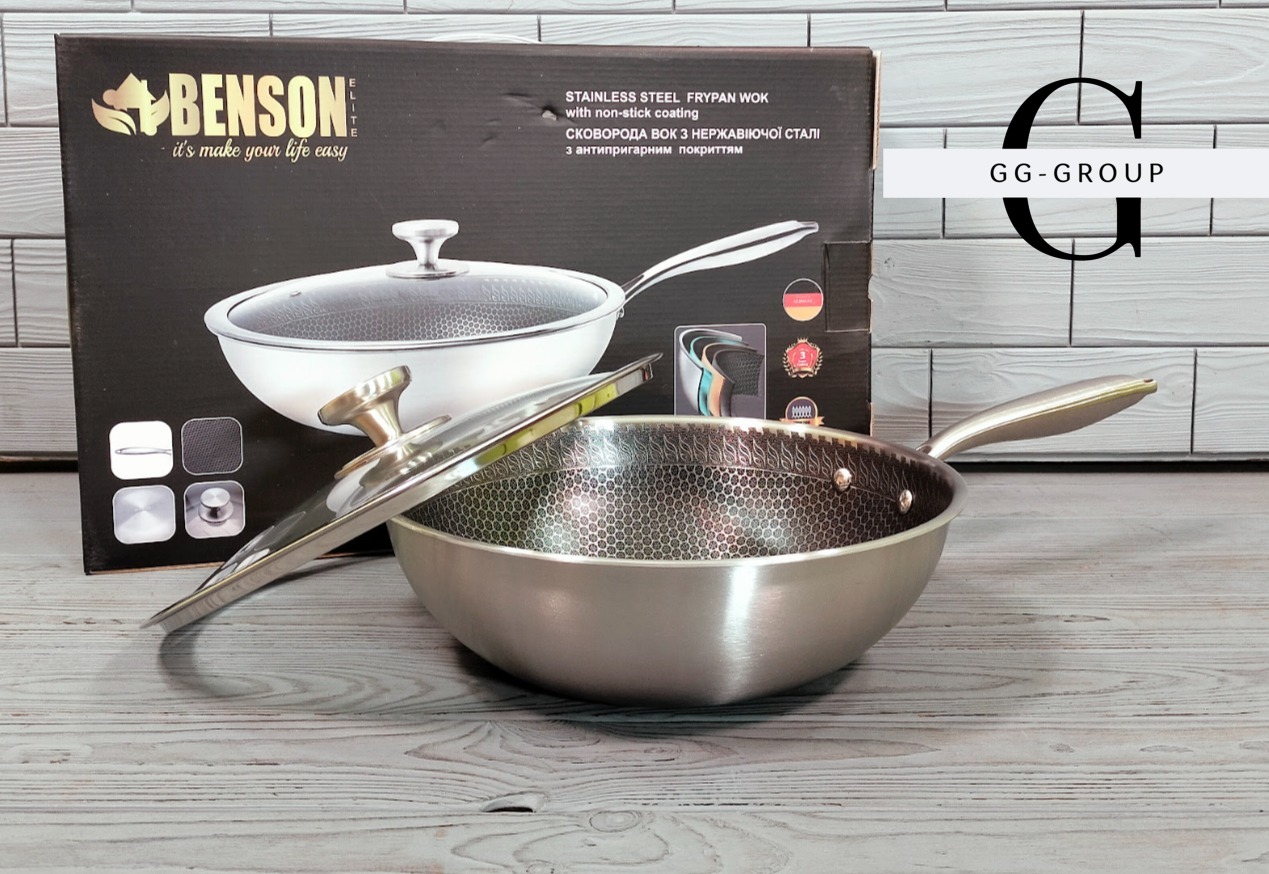 Глибока сковорода WOK Benson BN-589 з кришкою, нержавіюча сталь, антипригарне покриття, Ø26 см