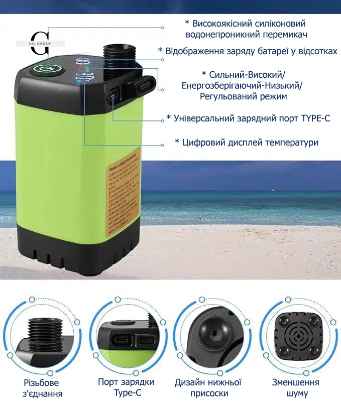 Кемпінговий душ з насосом та дисплеєм температури, з душовою лійкою та шлангом 2M для саду Чорний 6000mAh