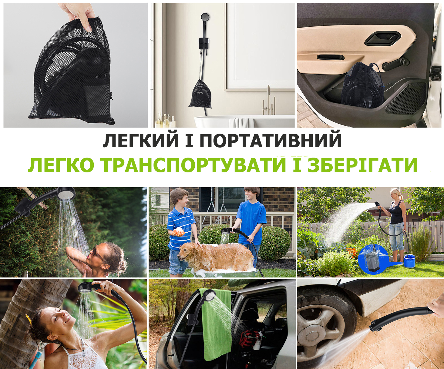 Кемпінговий душ з насосом та дисплеєм температури, з душовою лійкою та шлангом 2M для саду Чорний 6000mAh
