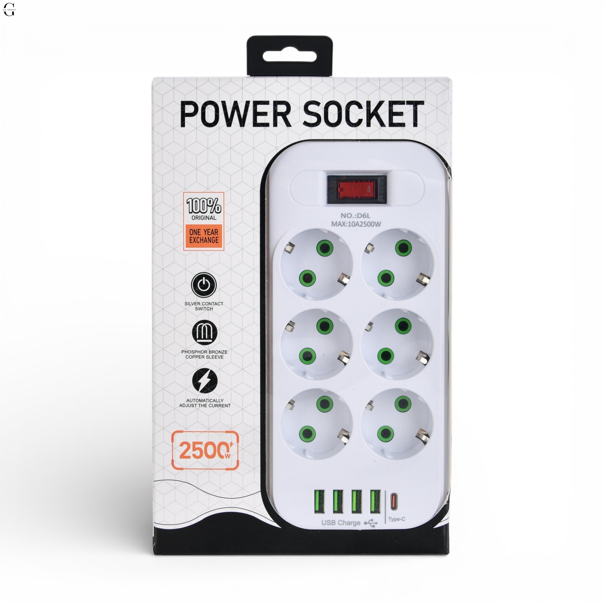 Удлинитель сетевой ТК-5 F06u 3м 6 розеток + 3USB + 1 Type-C, 2500Вт, белый, с защитой и креплением