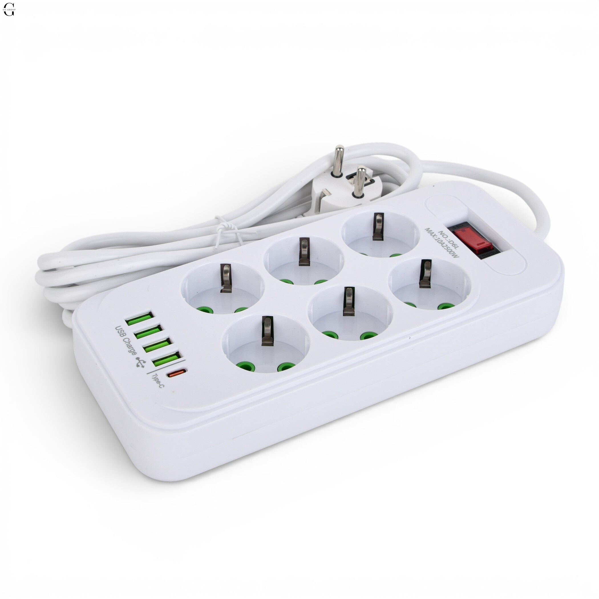 Удлинитель сетевой ТК-5 F06u 3м 6 розеток + 3USB + 1 Type-C, 2500Вт, белый, с защитой и креплением