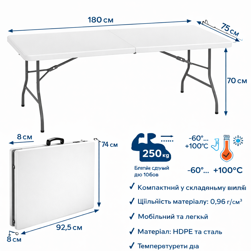 Кемпінговий комплект Travel Table Set — складний стіл HDPE 180 см та 8 туристичних крісел