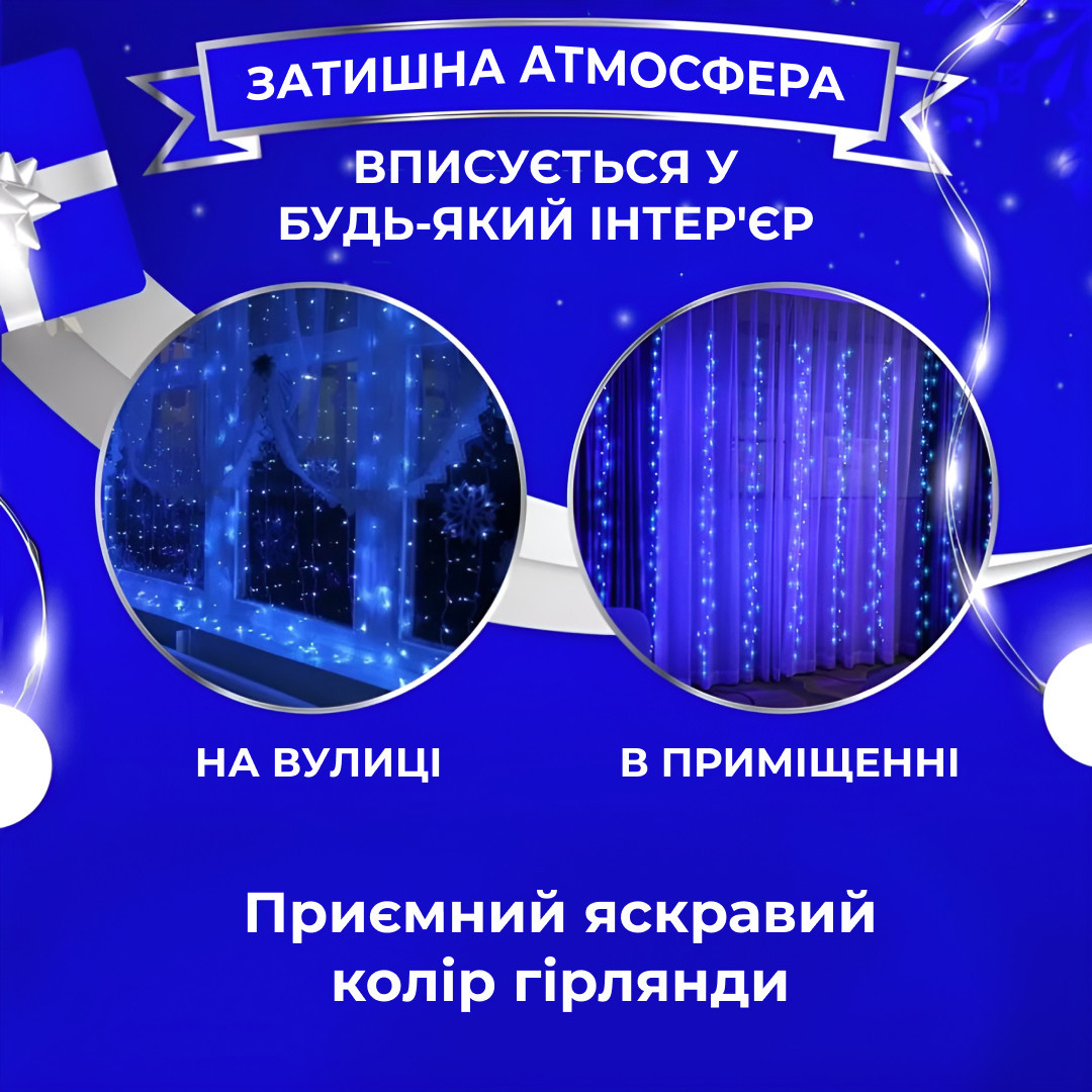 Гірлянда штора світлодіодна GarlandoPro Роса 200LED 3х2м 10 ліній 8 режимів гірлянда крапля роси Синій