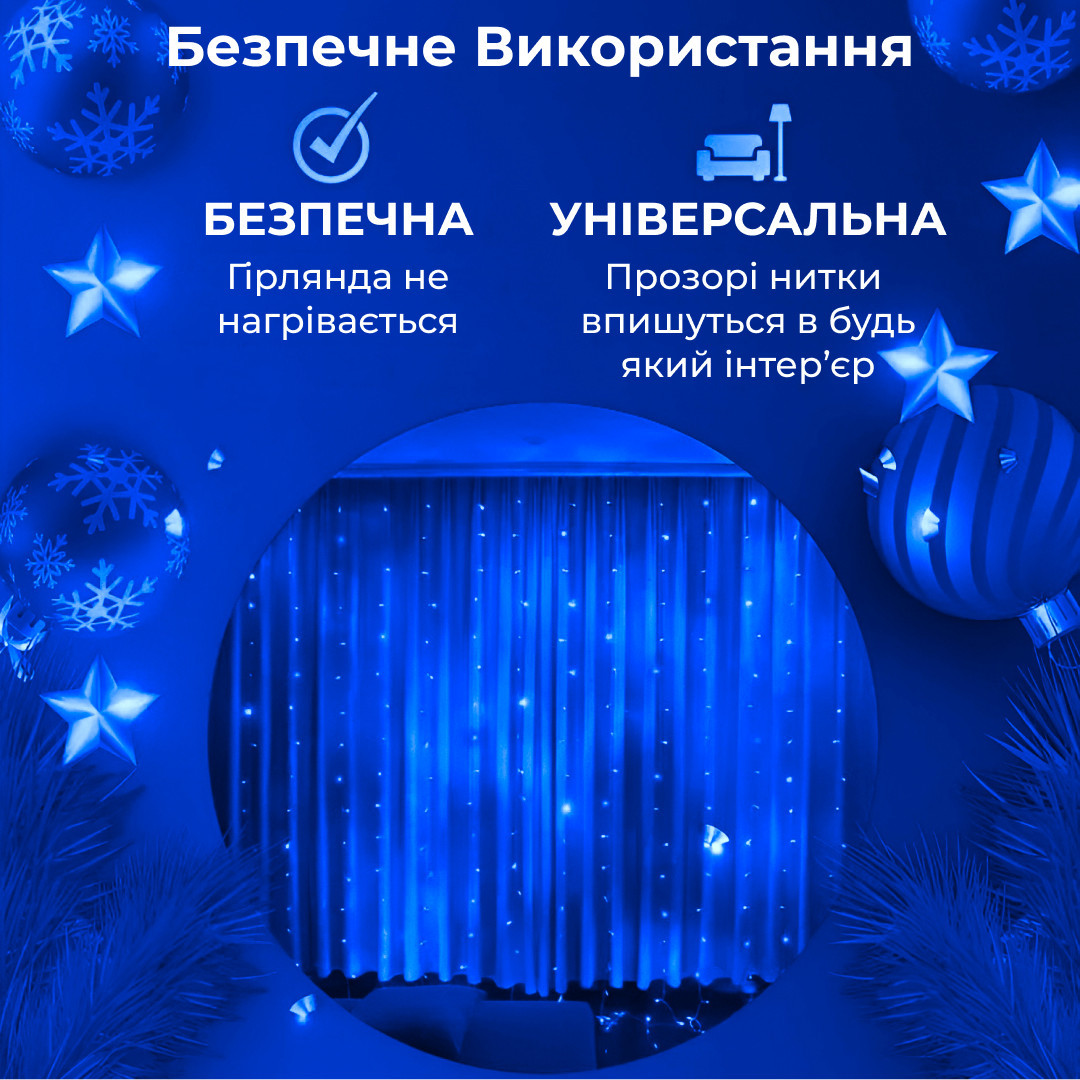 Гірлянда штора світлодіодна GarlandoPro Роса 200LED 3х2м 10 ліній 8 режимів гірлянда крапля роси Синій