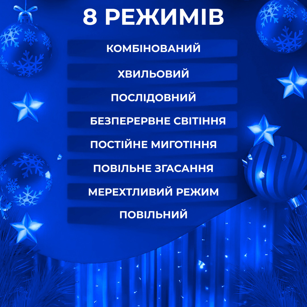 Гірлянда штора світлодіодна GarlandoPro Роса 200LED 3х2м 10 ліній 8 режимів гірлянда крапля роси Синій