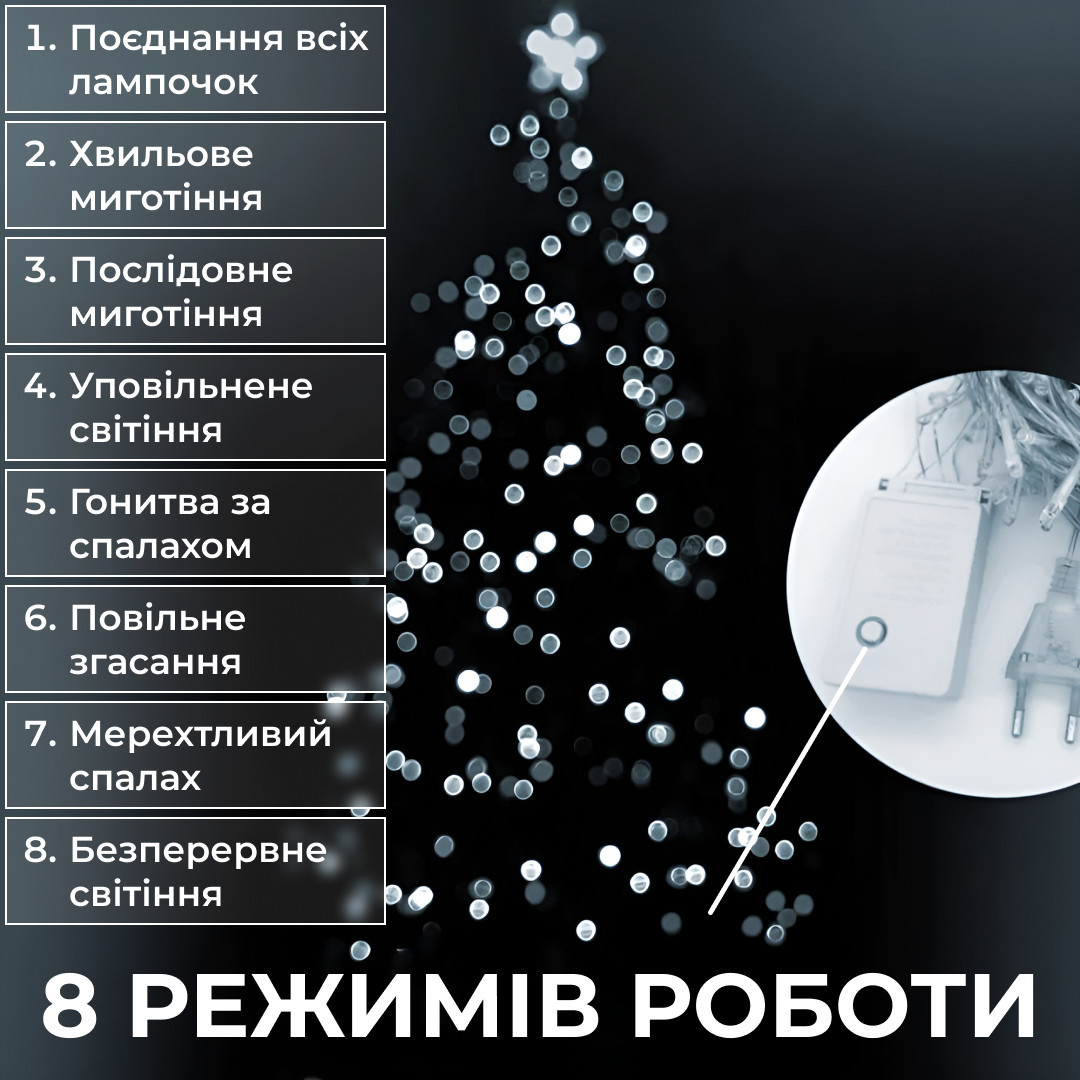 Гирлянда нить 14м на 300 LED лампочек светодиодная черный провод 8 режимов работы Белый