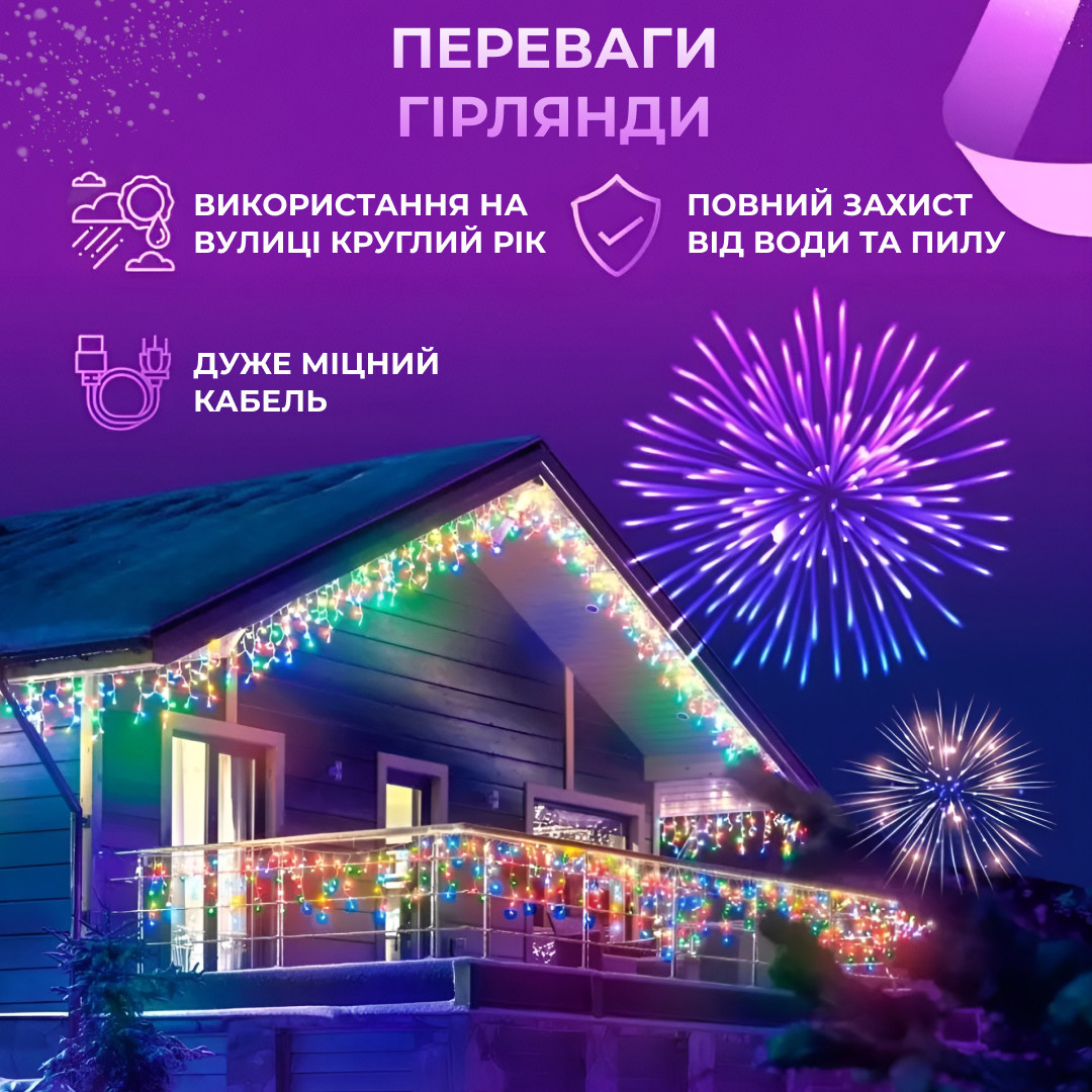 Гирлянда уличная светодиодная 100 LED 3 метра белая проволока бахрома 18 нитей