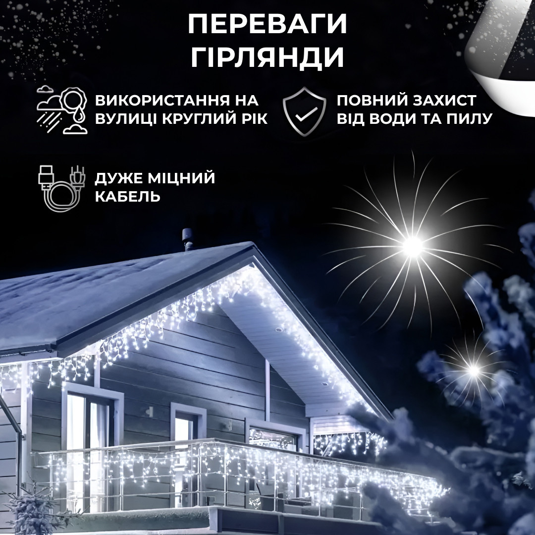 Гирлянда уличная светодиодная 100 LED 3 метра белая проволока бахрома 18 нитей Белый