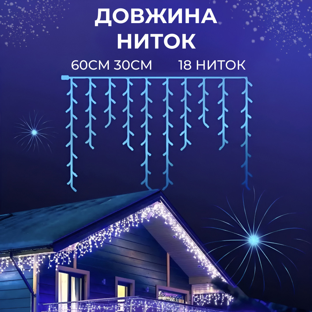 Гирлянда уличная светодиодная 100 LED 3 метра белая проволока бахрома 18 нитей Синий