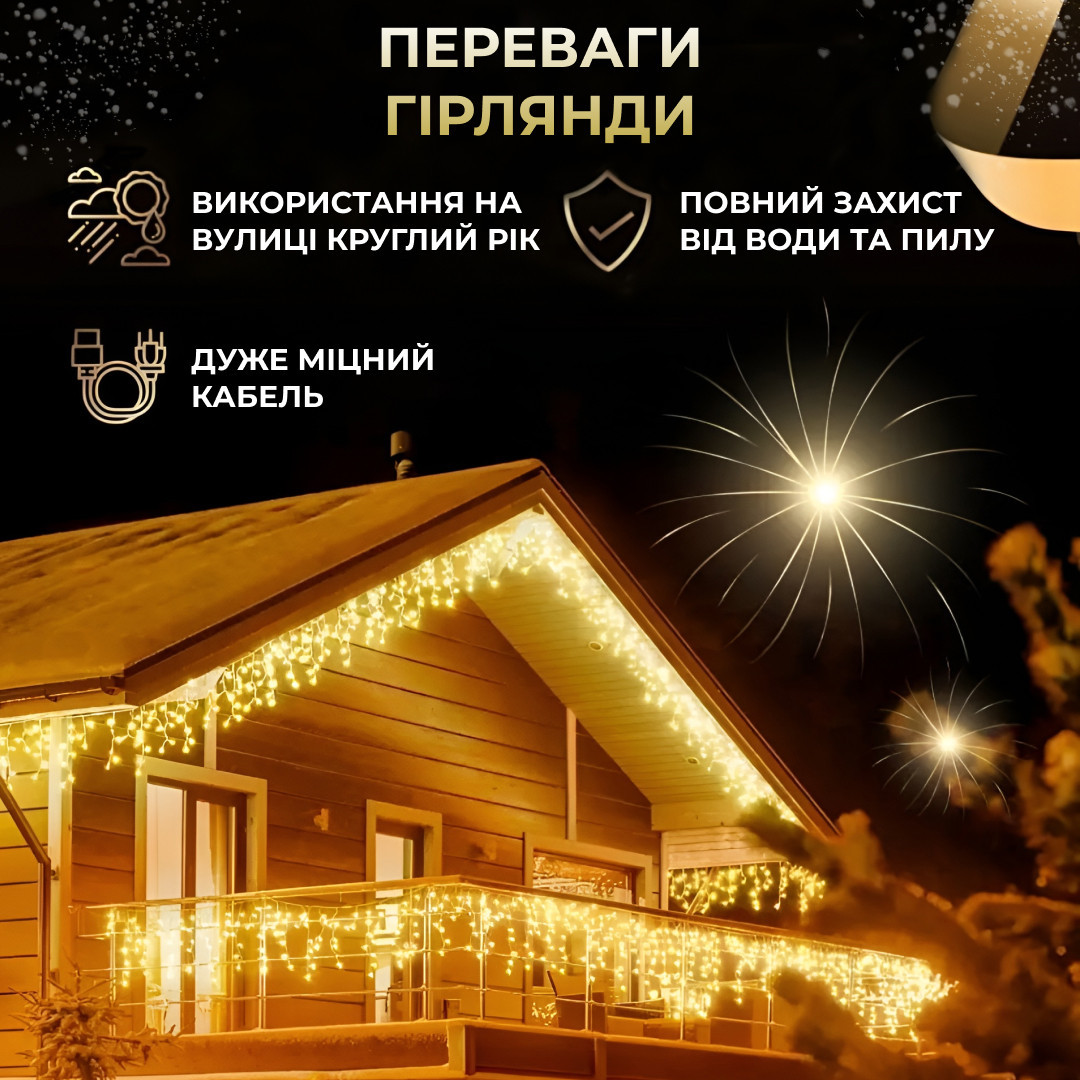 Гирлянда уличная светодиодная 200 LED 12 метров белая проволока бахрома 55 нитей Желтый