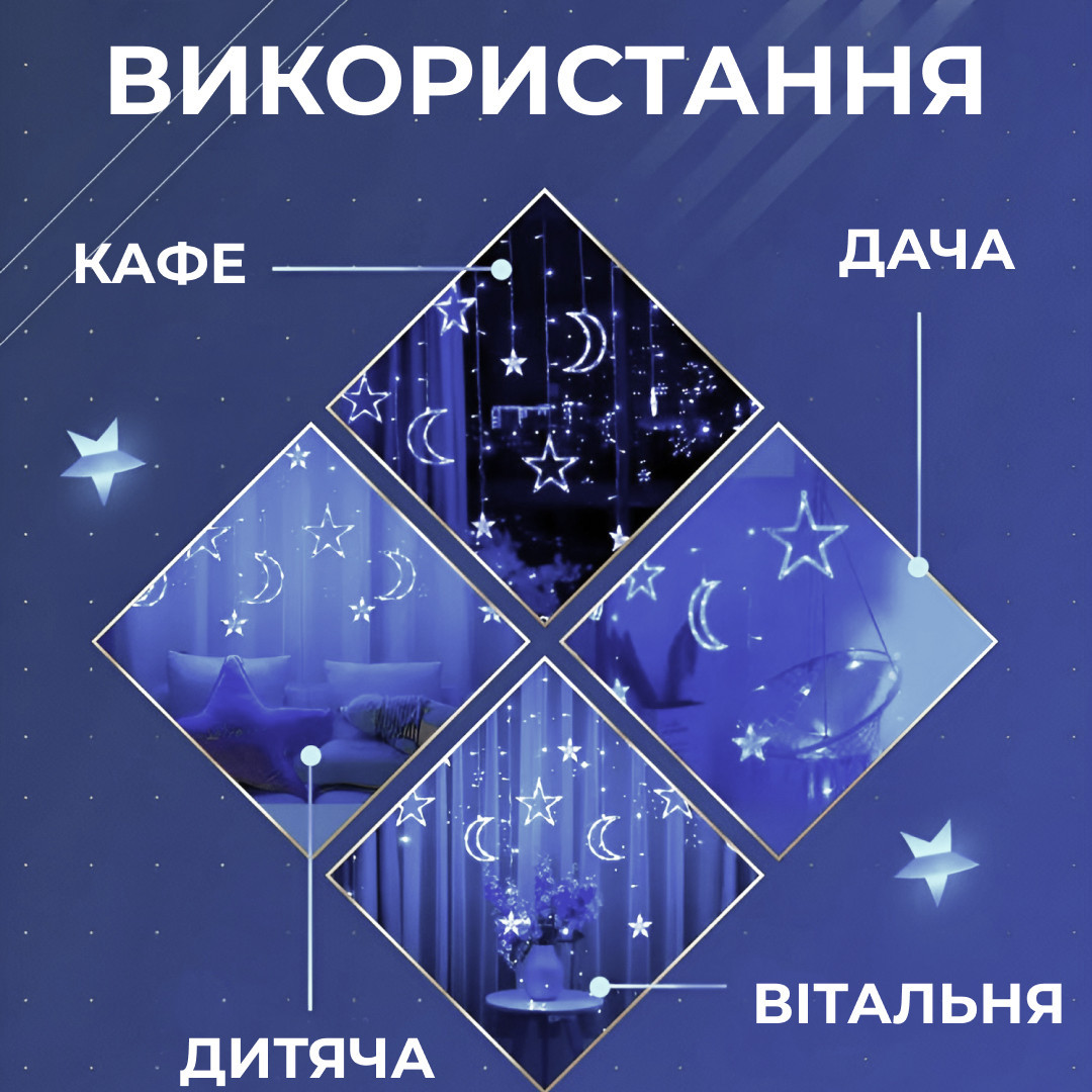 Гирлянда светодиодная штора GarlandoPro звезда и луна 108LED 3х0,9 м гирлянда звезда Белый