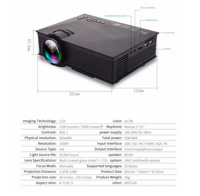 Светодиодный проектор UNIC UC68 BK с Wi-Fi, поддержкой Full HD 1080P и яркостью 1800 лм