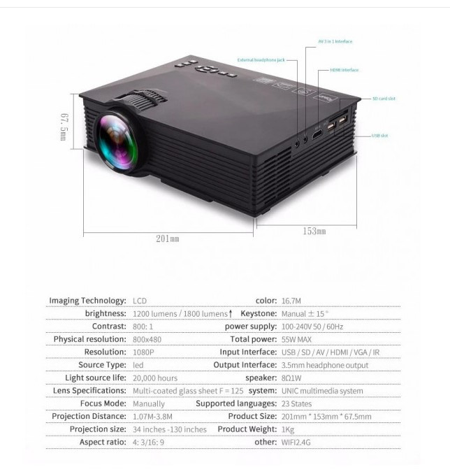Светодиодный проектор UNIC UC68 BK с Wi-Fi, поддержкой Full HD 1080P и яркостью 1800 лм
