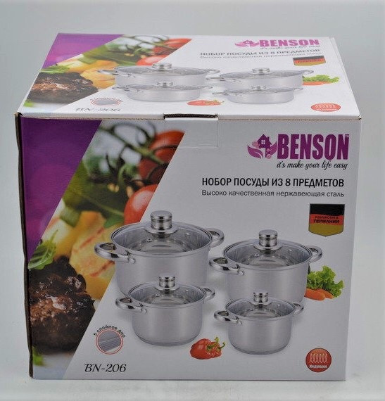 Кухонний набір каструль Benson BN-206, 2,1 л, 2,9 л, 3,9 л та 6,5 л із кришками
