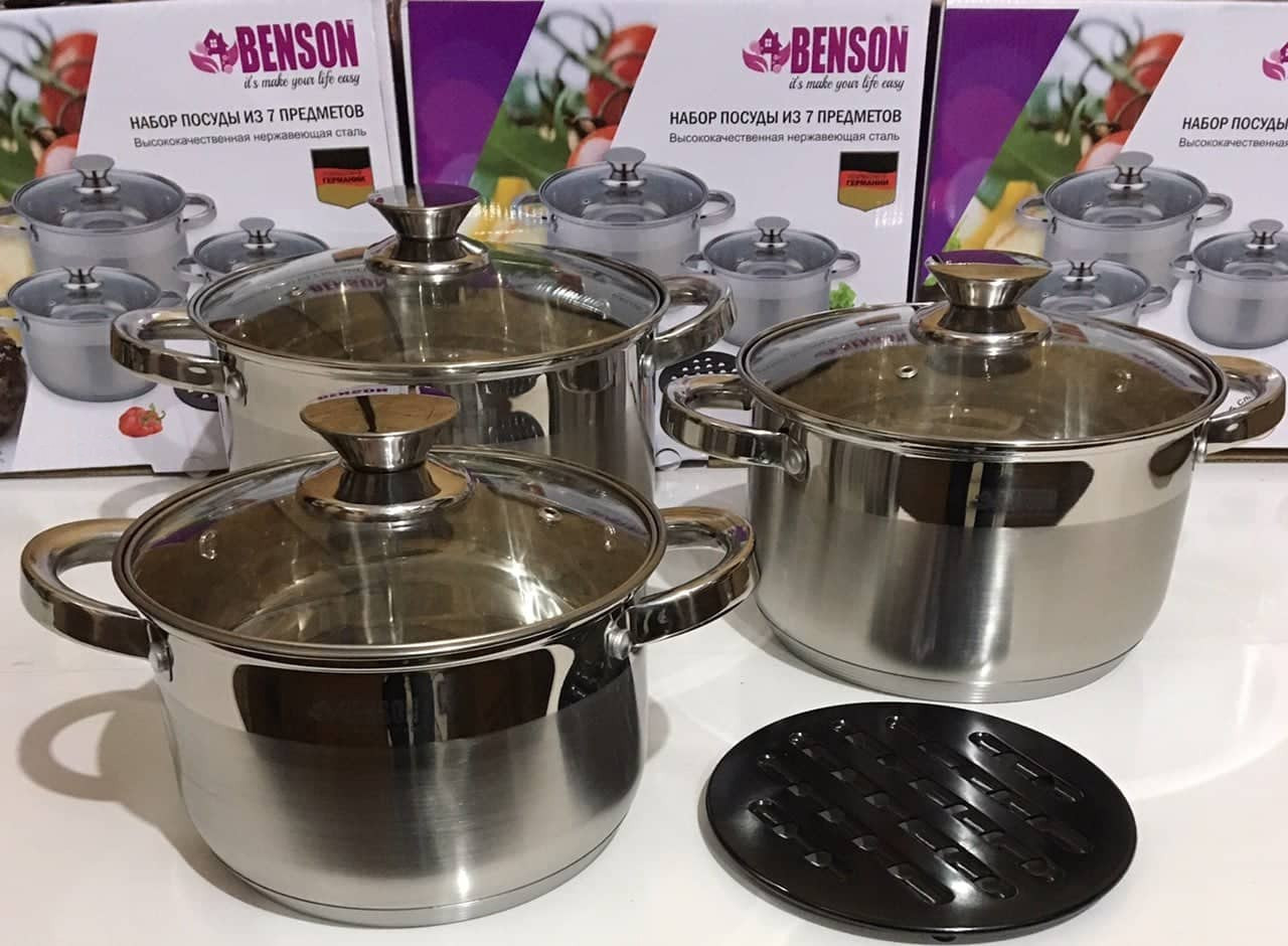 Набір посуду Benson 7 предметів із нержавіючої сталі, каструлі 5,1 л, 6,5 л, 8,2 л з кришками