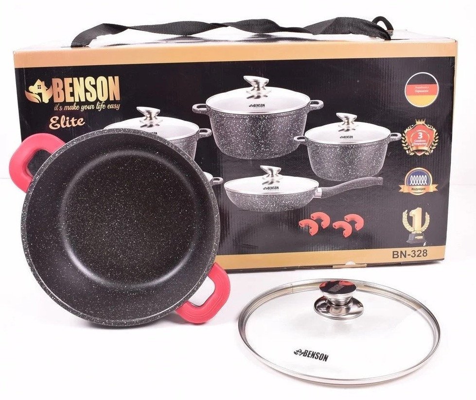 Комплект посуды Benson BN-329 для ежедневного приготовления, мраморное покрытие, крышки в наборе