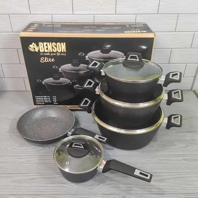 Комплект кастрюль и сотейников Benson BN-343 с долговечным мраморным покрытием для ежедневного приготовления