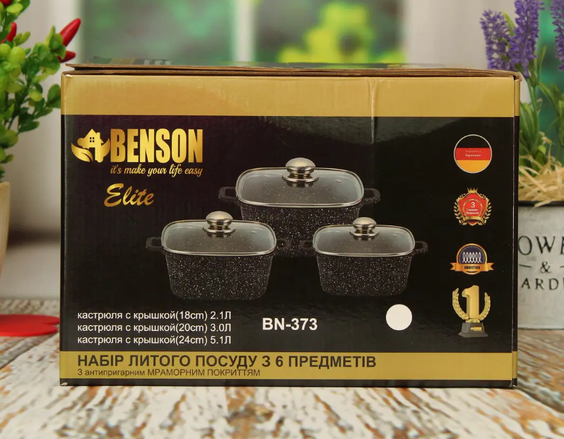 Набор кастрюль Benson BN-373 с крышками, 6 предметов, литой алюминий, мраморное покрытие, черный