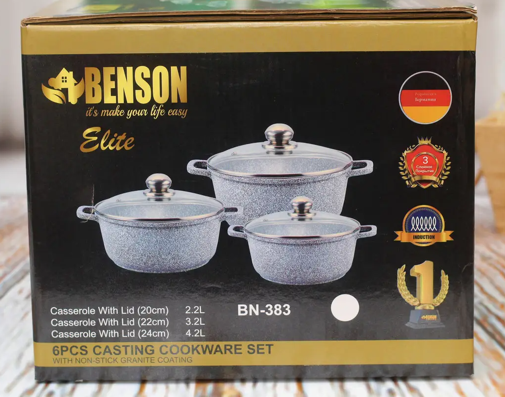 Комплект каструль Benson BN-383 з антипригарним гранітним покриттям, 6 предметів