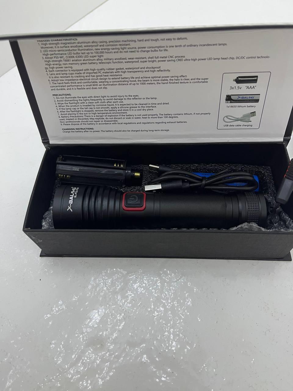 Ручний світлодіодний ліхтар X-Balog BL-P02-P50 з USB Type-C, акумулятор 18650 або батарейки AAA