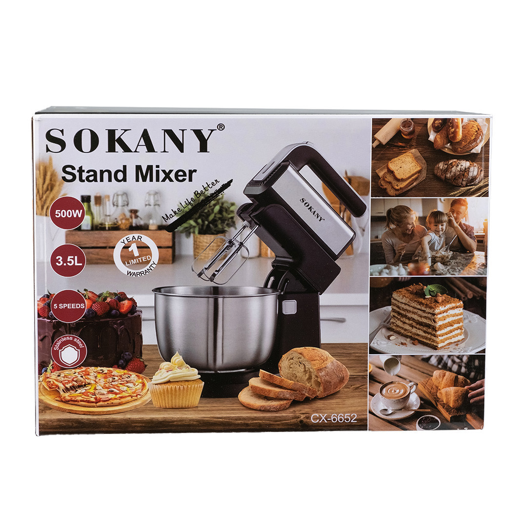 Миксер стационарный Sokany CX-6652 с чашей 3,5 л из нержавеющей стали, 5 скоростей, 2 насадки.
