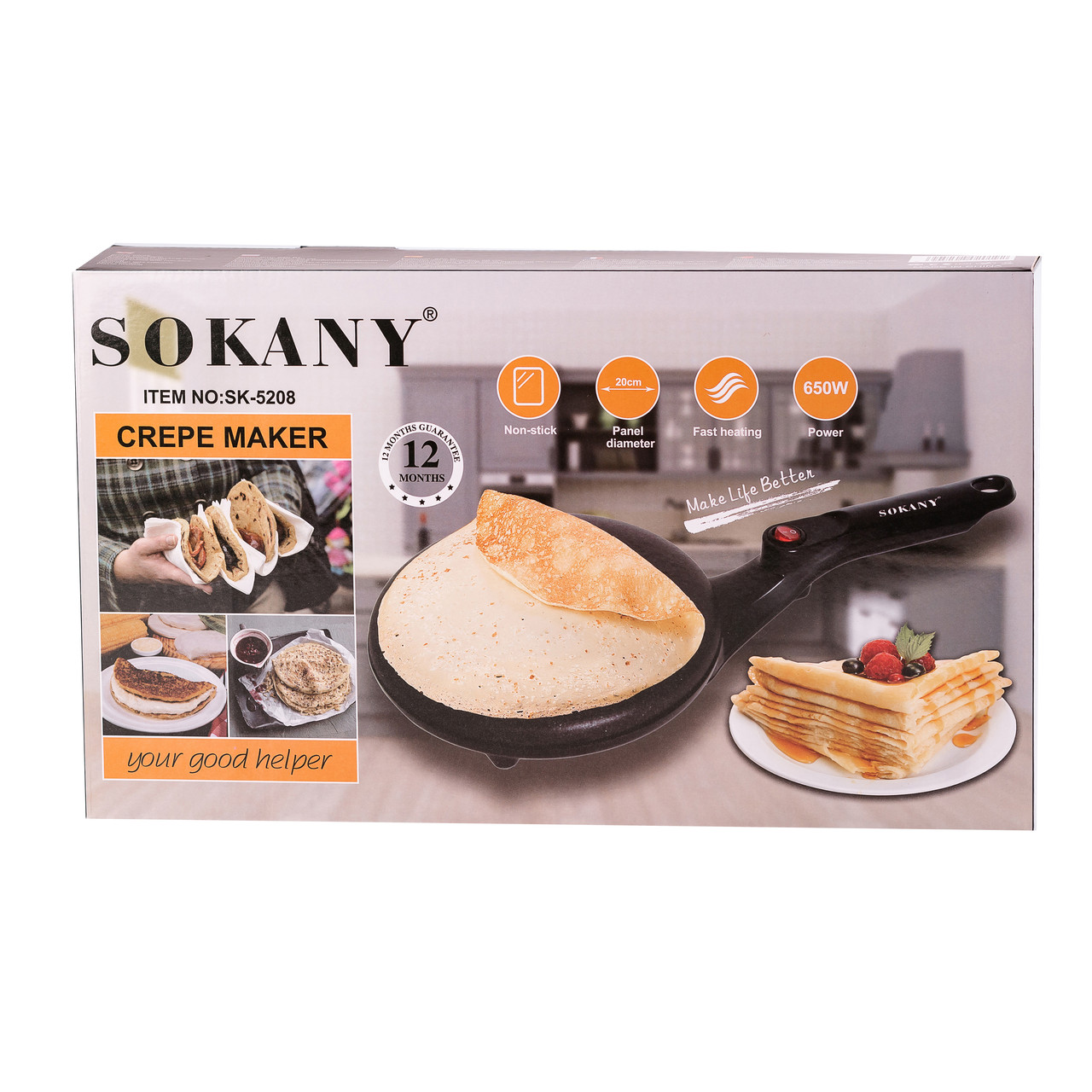 Сковорода для млинців електрична з антипригарним покриттям діаметр 20 см Sokany 650 Вт