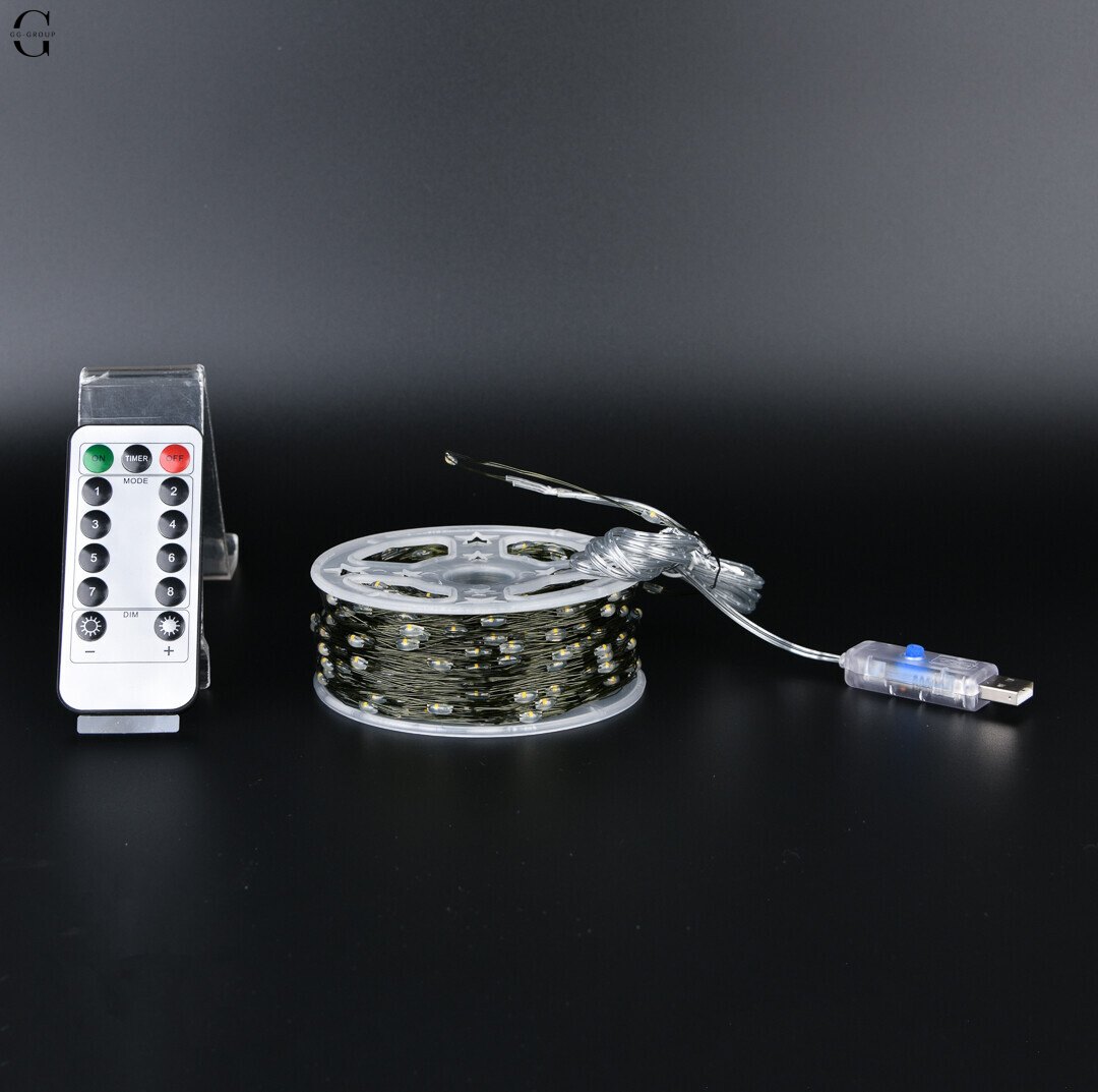 Гірлянда Роса 100м 1000 LED теплий жовтий + RGB, пульт, USB, мідний зелений провід